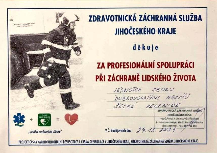 Poděkování first responderům JSDH Č. Velenice